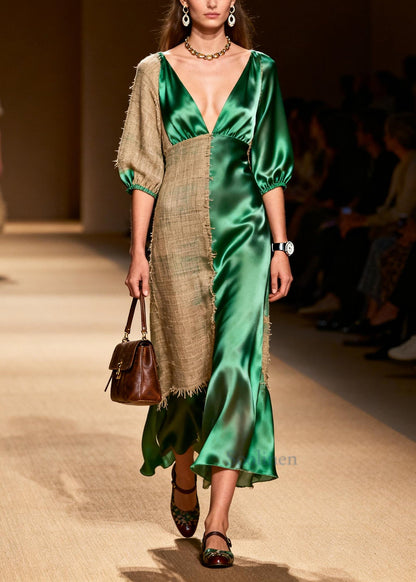 French Green Asymmetrical Patchwork Linen Silk Maxi Dress Summer