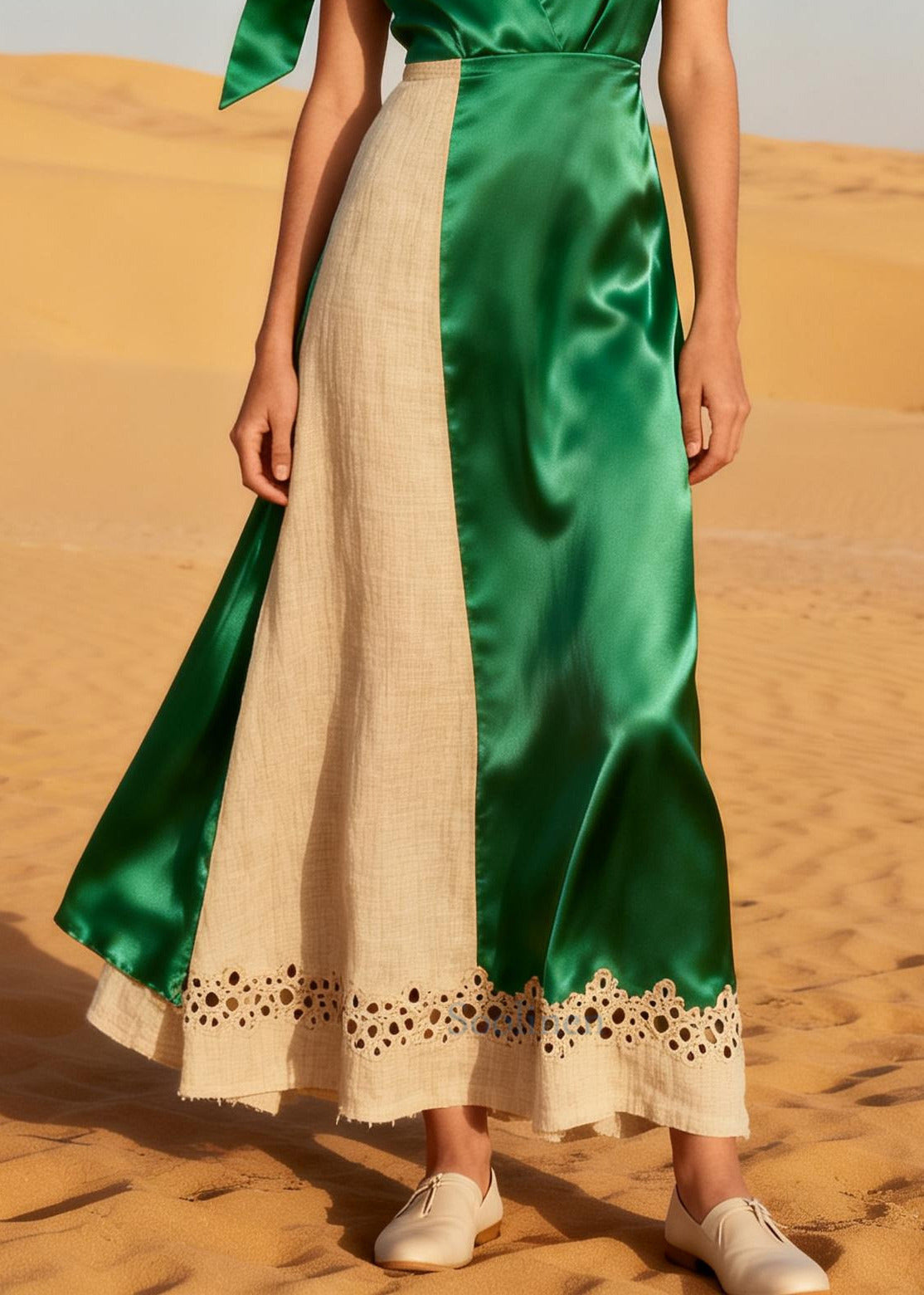 French Green Asymmetrical Patchwork Linen Silk Vacation Dress Summer