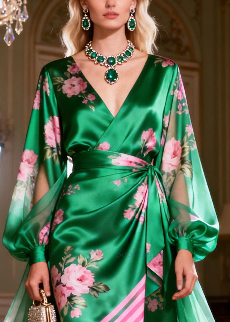 French Green Asymmetrical Print Silk Maxi Dress Summer