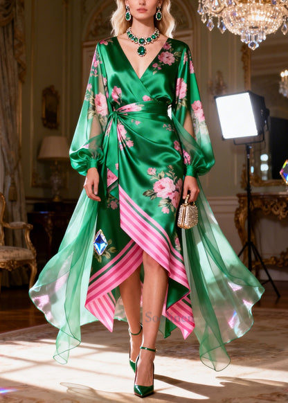 French Green Asymmetrical Print Silk Maxi Dress Summer