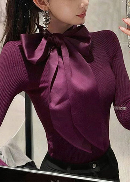 Suéteres de punto ajustados con patchwork y lazo verde francés para primavera