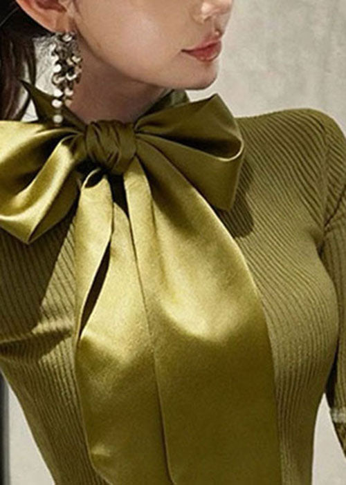 Suéteres de punto ajustados con patchwork y lazo verde francés para primavera