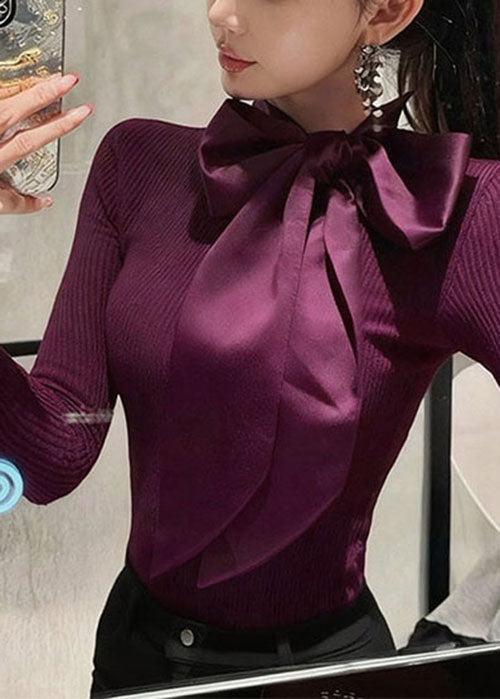 Suéteres de punto ajustados con patchwork y lazo verde francés para primavera