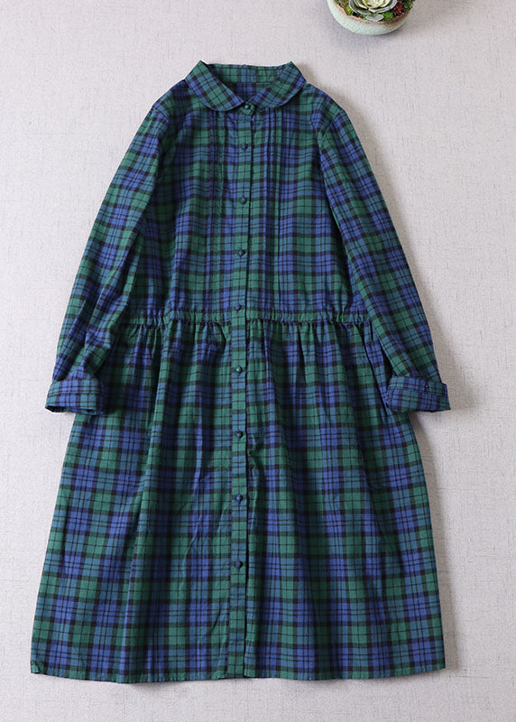 Französisch Grün Cinched Plaid Baumwolle Maxi Kleider Frühling