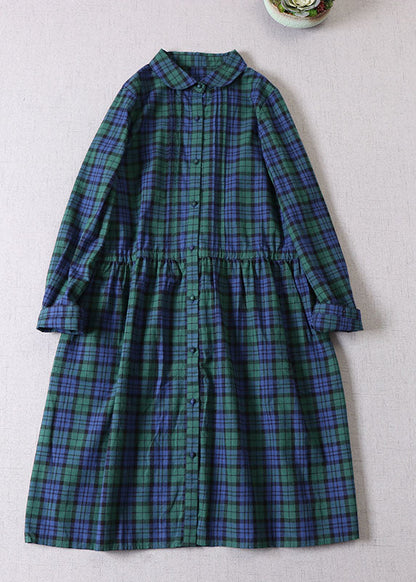 Französisch Grün Cinched Plaid Baumwolle Maxi Kleider Frühling