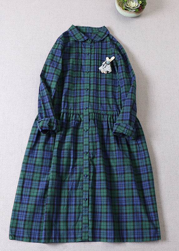 Französisch Grün Cinched Plaid Baumwolle Maxi Kleider Frühling