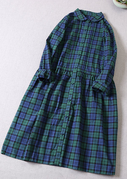 Französisch Grün Cinched Plaid Baumwolle Maxi Kleider Frühling