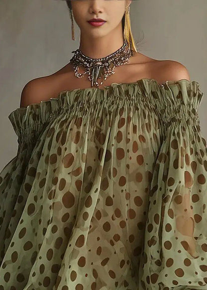 French Green Dot Slash Neck Patchwork Lace Shift Dress Puff Sleeve