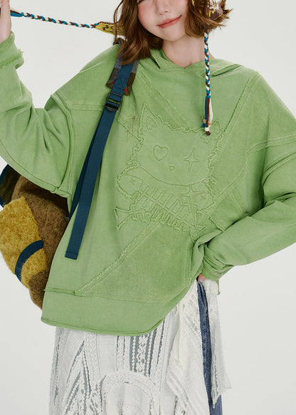 French Green Embroidered Hooded Cotton Loose Sweatshirts Top Spring