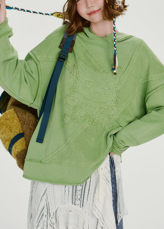French Green Embroidered Hooded Cotton Loose Sweatshirts Top Spring