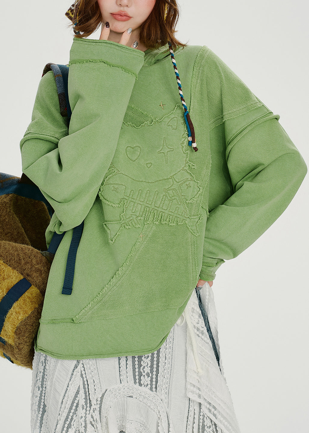 French Green Embroidered Hooded Cotton Loose Sweatshirts Top Spring