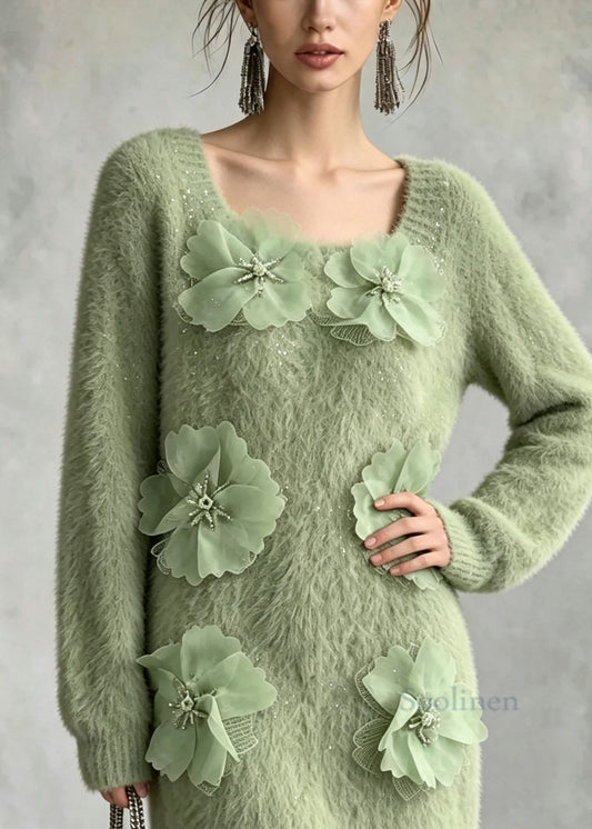 French Green O Neck Floral Zircon Mink Hair Knitted Sweater Fall