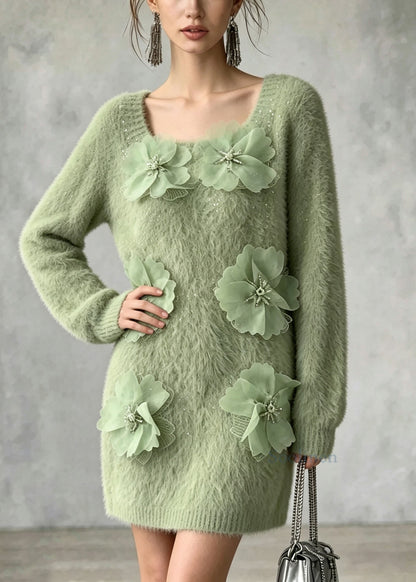 French Green O Neck Floral Zircon Mink Hair Knitted Sweater Fall