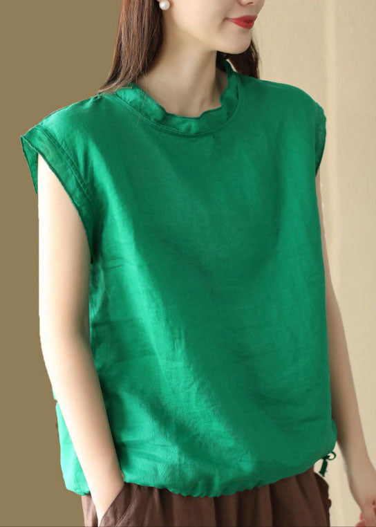 Camiseta de lino con cuello redondo y patchwork verde francés para verano