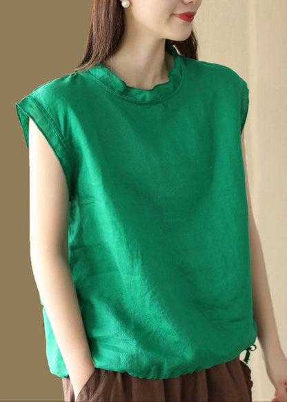 Camiseta de lino con cuello redondo y patchwork verde francés para verano