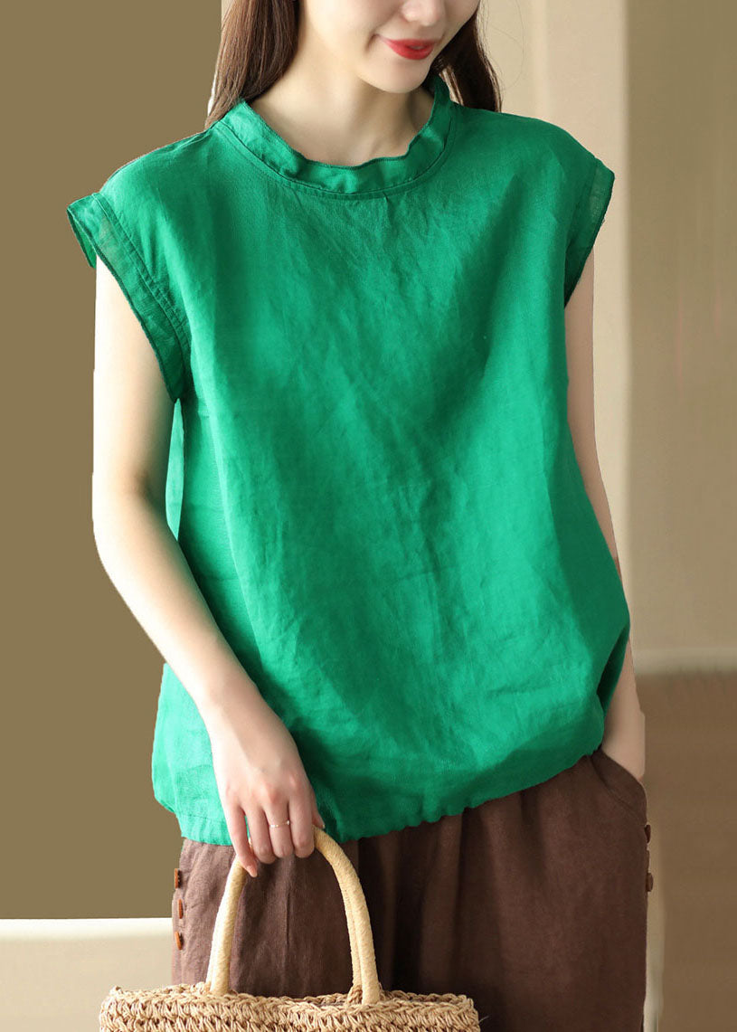 Camiseta de lino con cuello redondo y patchwork verde francés para verano