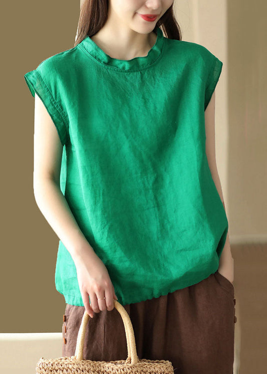 Camiseta de lino con cuello redondo y patchwork verde francés para verano