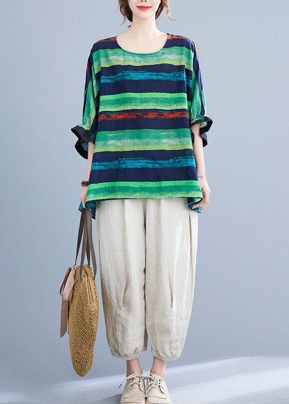 Französisches grünes O-Ausschnitt-Print mit Rüschen, gestreiftes Herbsthemd, halbe Ärmel