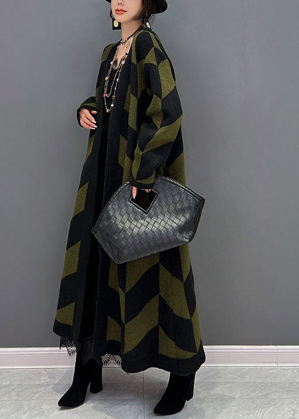 Französisch Grün Übergroße Gestreifte Dicken Strick Lange Strickjacke