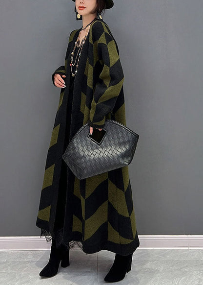 Französisch Grün Übergroße Gestreifte Dicken Strick Lange Strickjacke