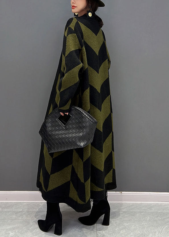 Französisch Grün Übergroße Gestreifte Dicken Strick Lange Strickjacke