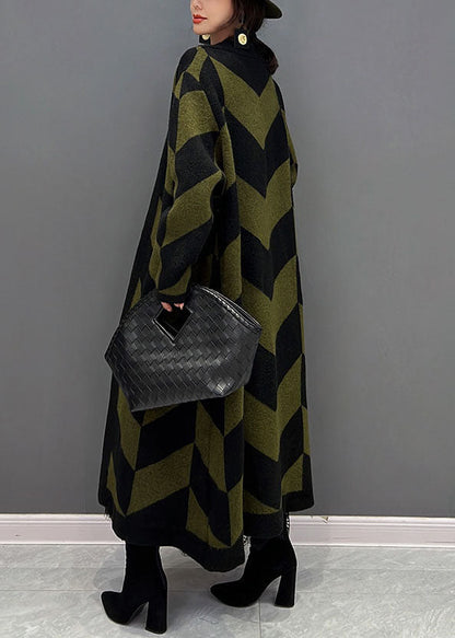 Französisch Grün Übergroße Gestreifte Dicken Strick Lange Strickjacke