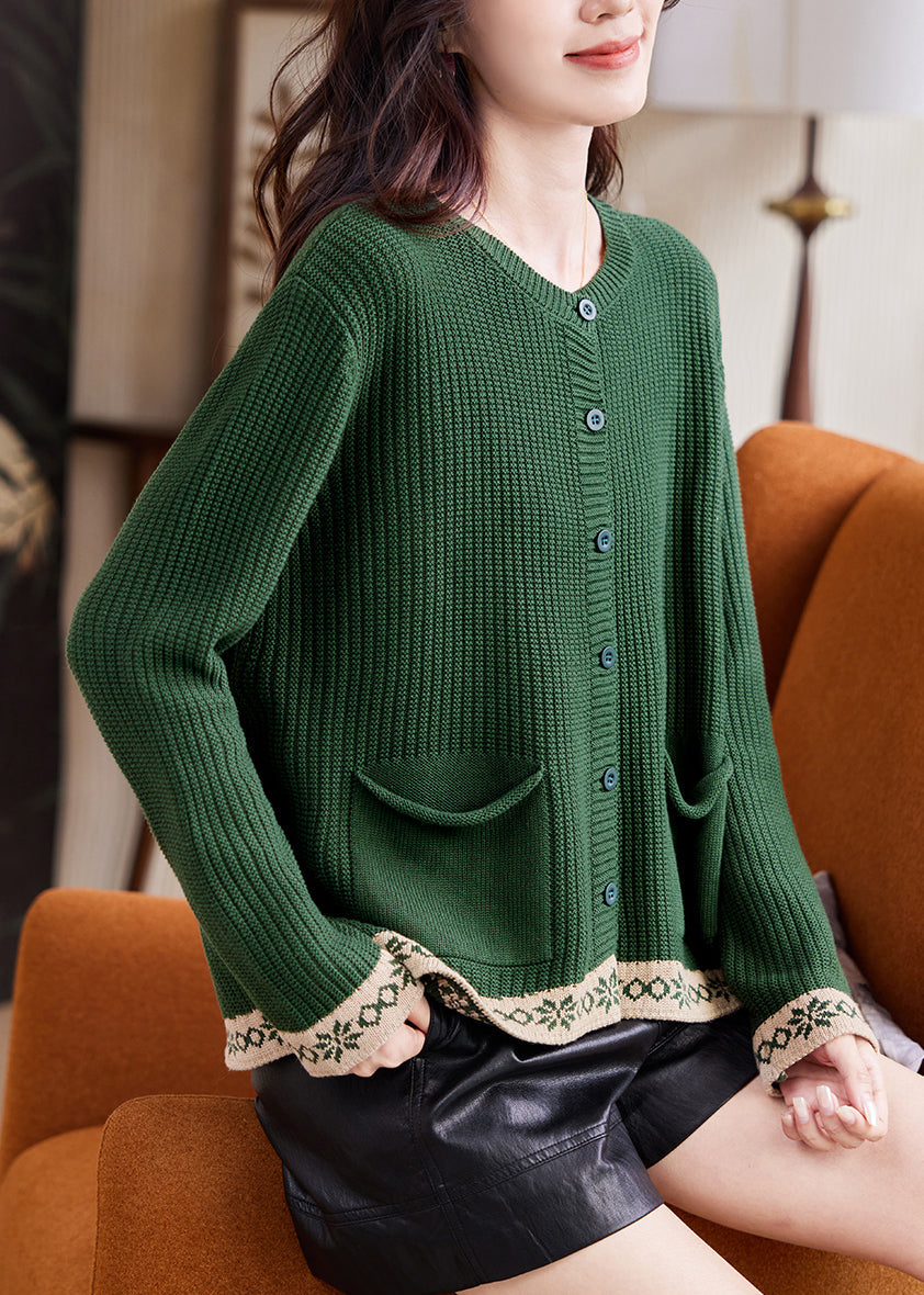 French Green Patchwork Button Cotton Knit Cardigan Flare Sleeve