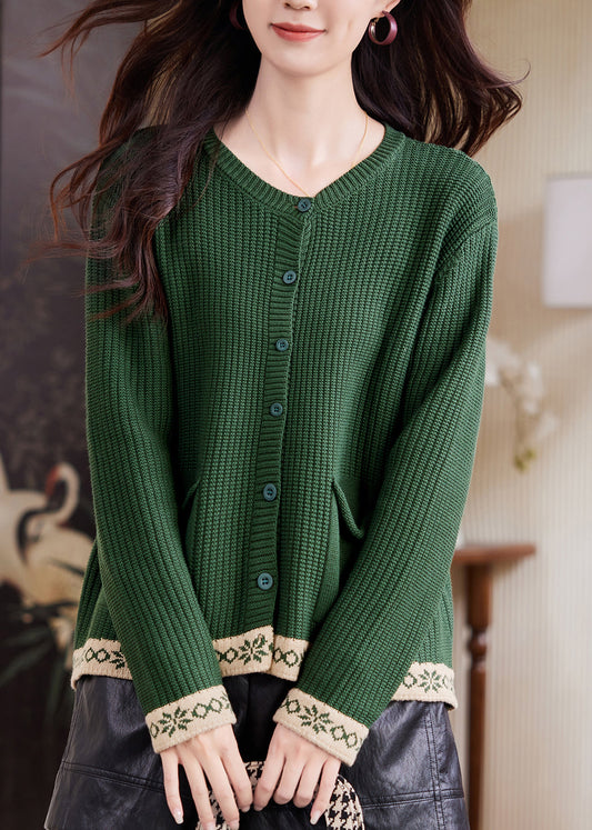 French Green Patchwork Button Cotton Knit Cardigan Flare Sleeve