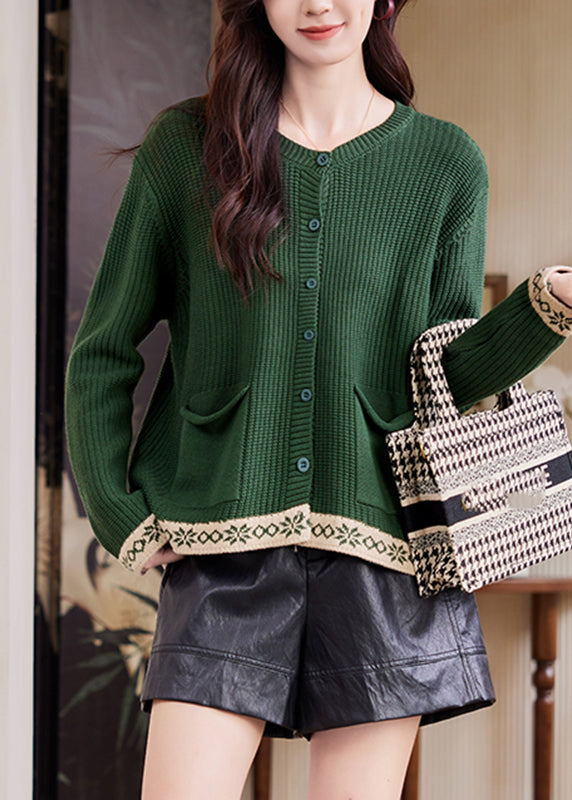 French Green Patchwork Button Cotton Knit Cardigan Flare Sleeve