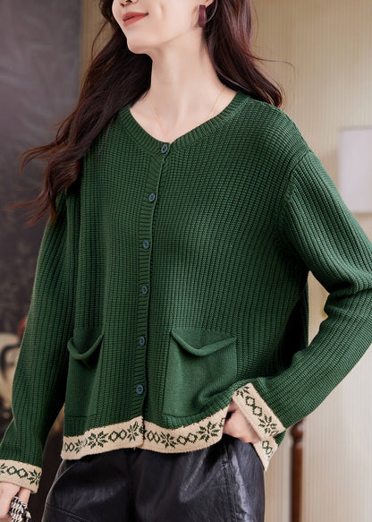 French Green Patchwork Button Cotton Knit Cardigan Flare Sleeve