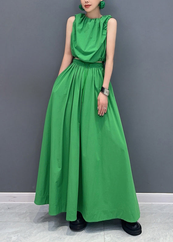 French Green Patchwork Pockets Top And Maxi Skirts Two Pieces Set Summer