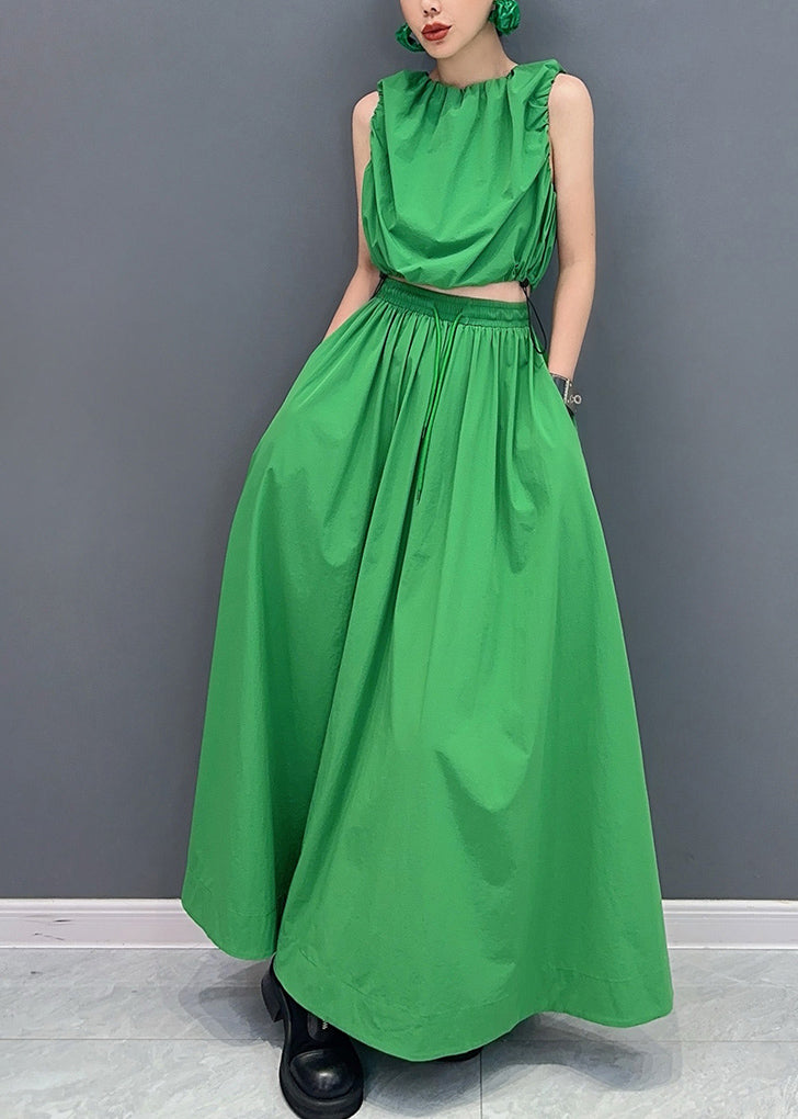 French Green Patchwork Pockets Top And Maxi Skirts Two Pieces Set Summer