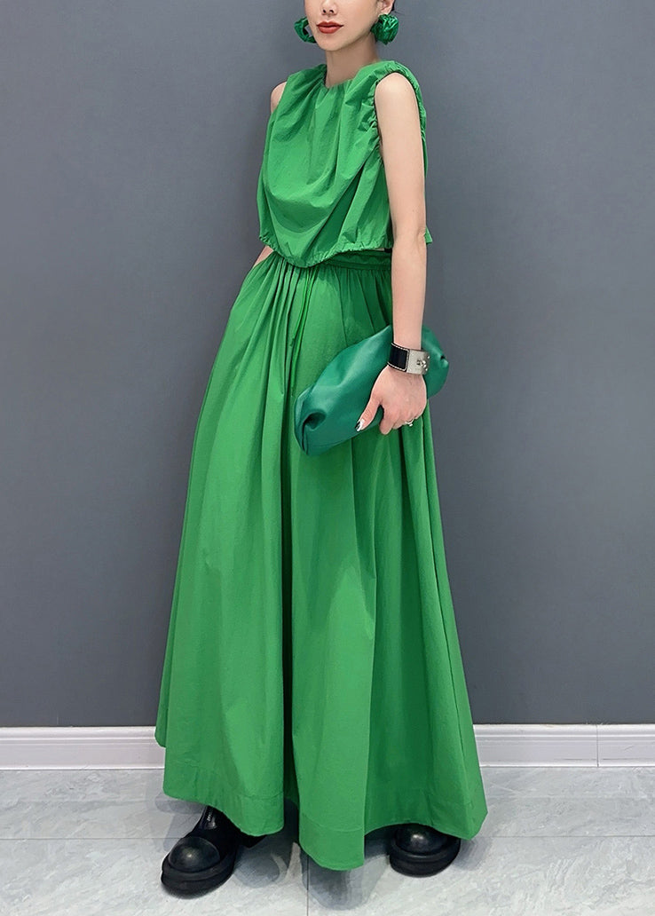 French Green Patchwork Pockets Top And Maxi Skirts Two Pieces Set Summer