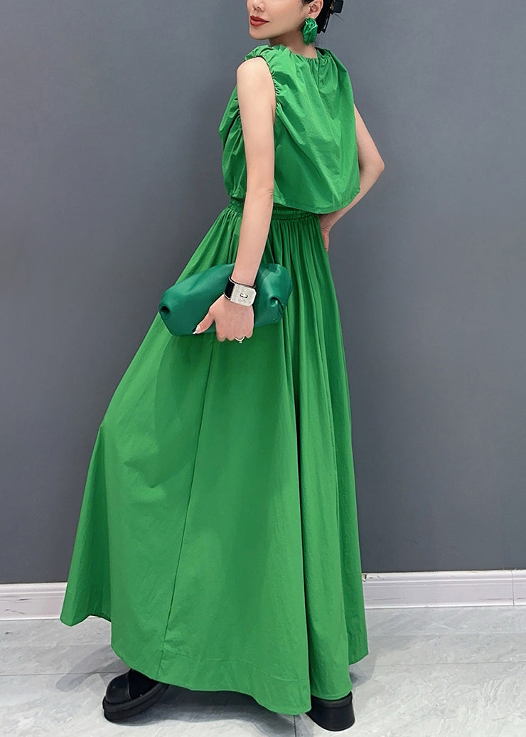 French Green Patchwork Pockets Top And Maxi Skirts Two Pieces Set Summer