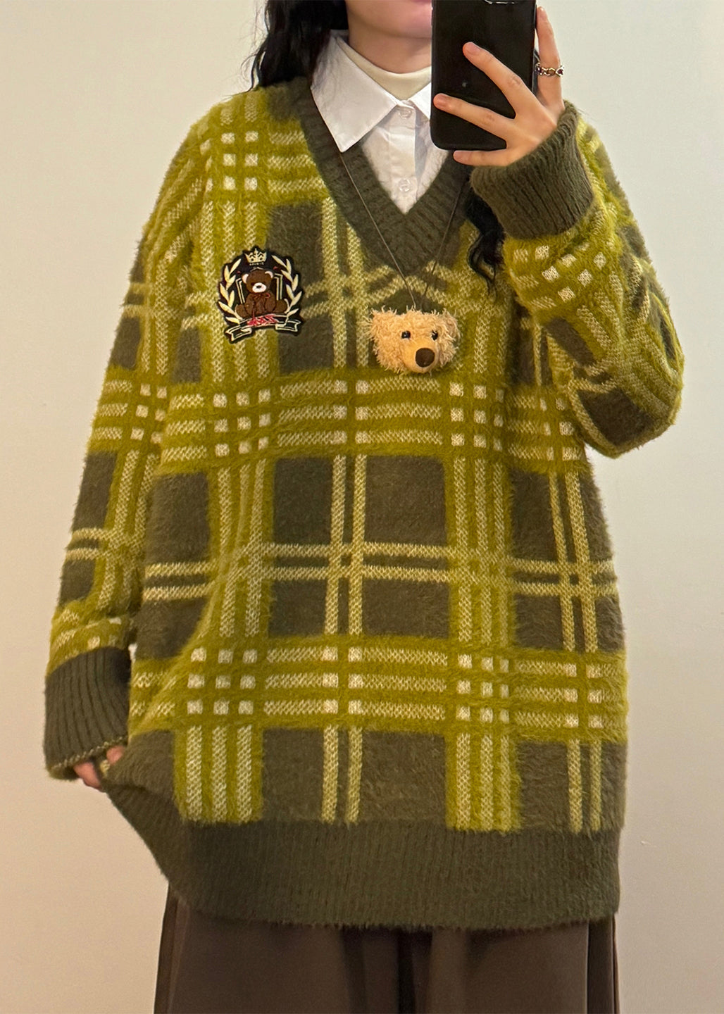 French Green Peter Pan Collar Plaid False Two Pieces Knit Sweater Spring