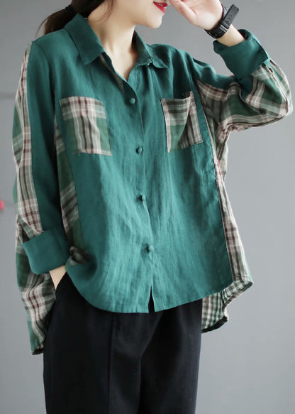 Französische grüne karierte Patchwork-Peterpan-Kragentaschen Herbst Langarm-Tops