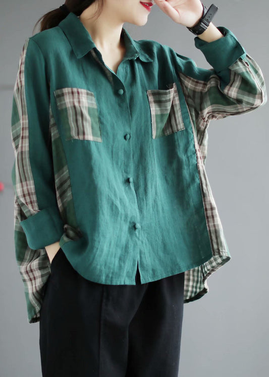 Französische grüne karierte Patchwork-Peterpan-Kragentaschen Herbst Langarm-Tops