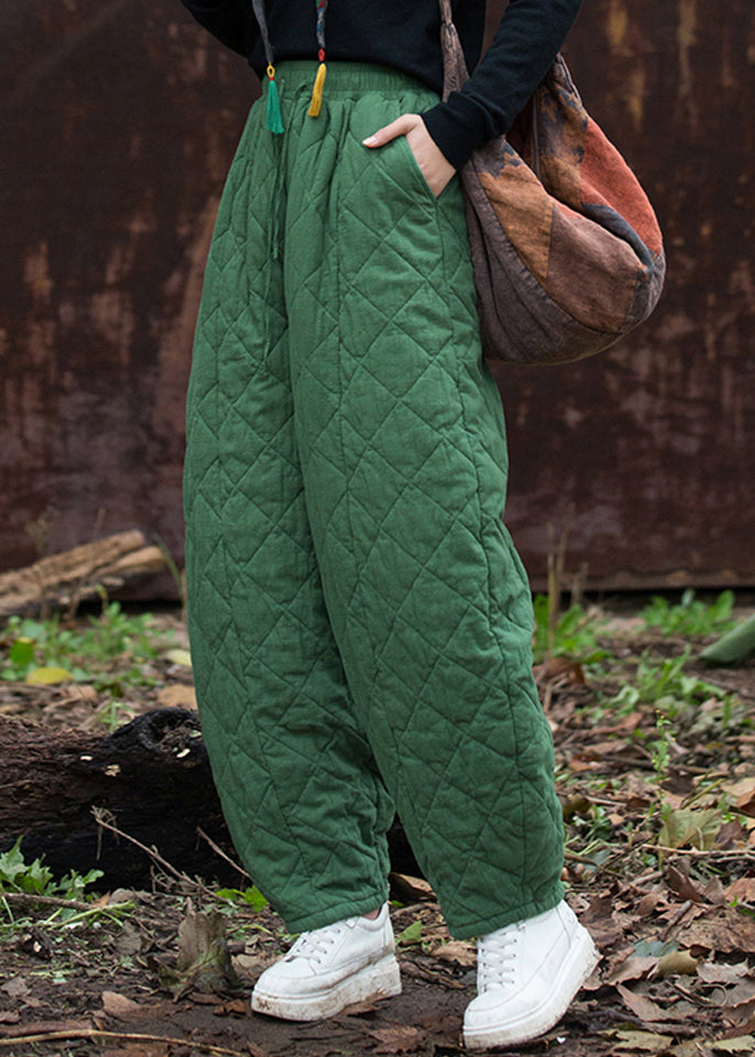 Französisch-grün karierte, mit Baumwolle gefüllte Winterhose mit Taschen