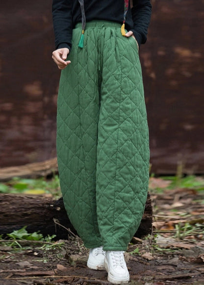 Französisch-grün karierte, mit Baumwolle gefüllte Winterhose mit Taschen