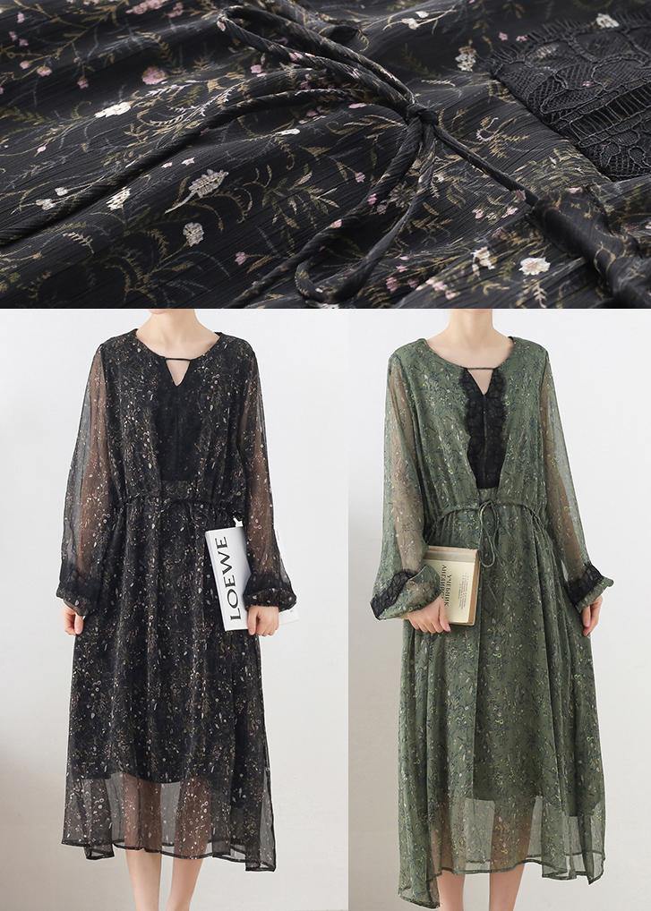 French Green Print Chiffon Patchwork Summer Vacation Dresses - SooLinen
