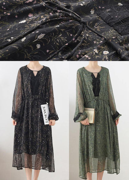 French Green Print Chiffon Patchwork Summer Vacation Dresses - SooLinen