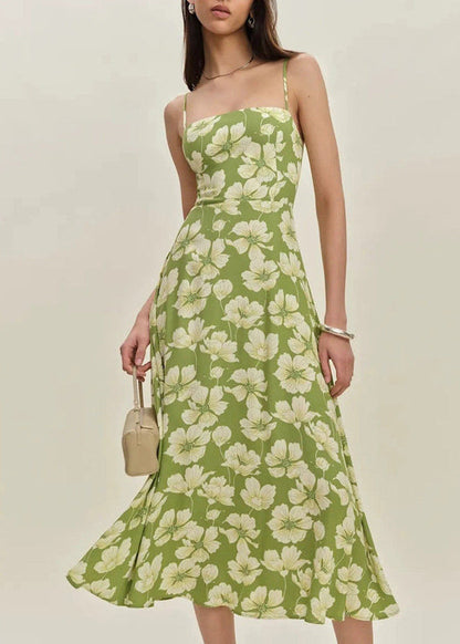 French Green Print Maxi Spaghetti Strap Dresses Summer