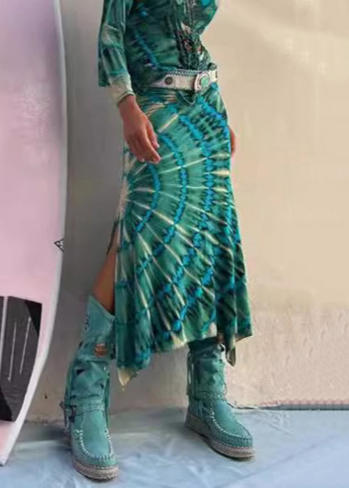 Französisch Grün Print Seite Offen Hohe Taille Baumwolle Röcke