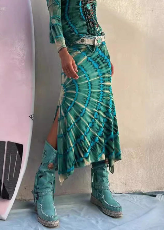 Französisch Grün Print Seite Offen Hohe Taille Baumwolle Röcke