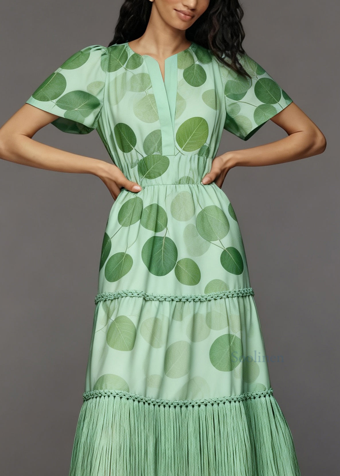 French Green Print Tasseled Patchwork Cotton Long Dresses Summer