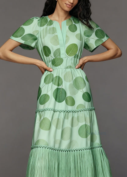 French Green Print Tasseled Patchwork Cotton Long Dresses Summer