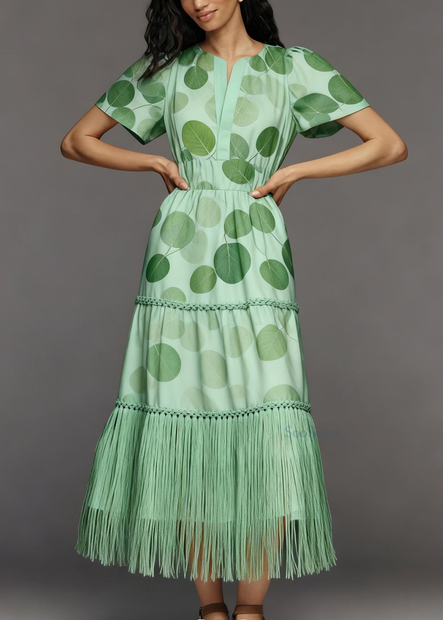 French Green Print Tasseled Patchwork Cotton Long Dresses Summer