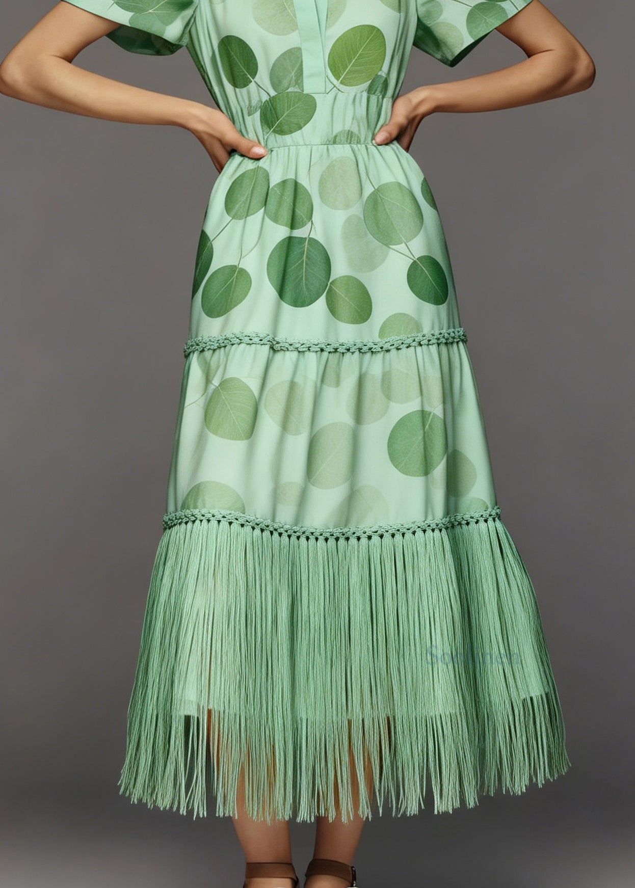 French Green Print Tasseled Patchwork Cotton Long Dresses Summer