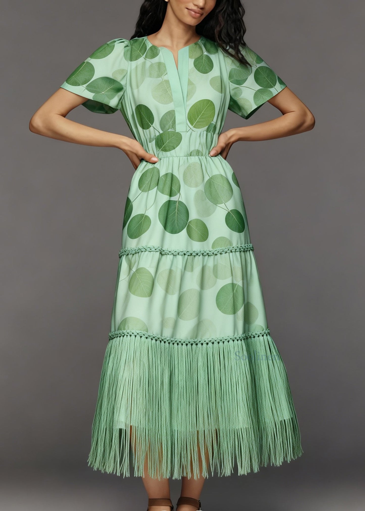 French Green Print Tasseled Patchwork Cotton Long Dresses Summer