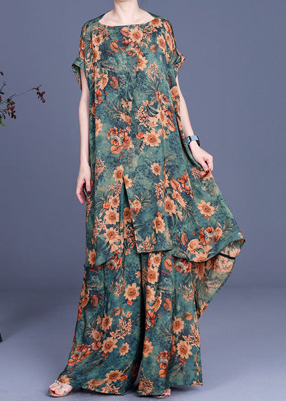 Conjunto de dos piezas de manga corta de otoño con diseño bajo y alto con estampado verde francés